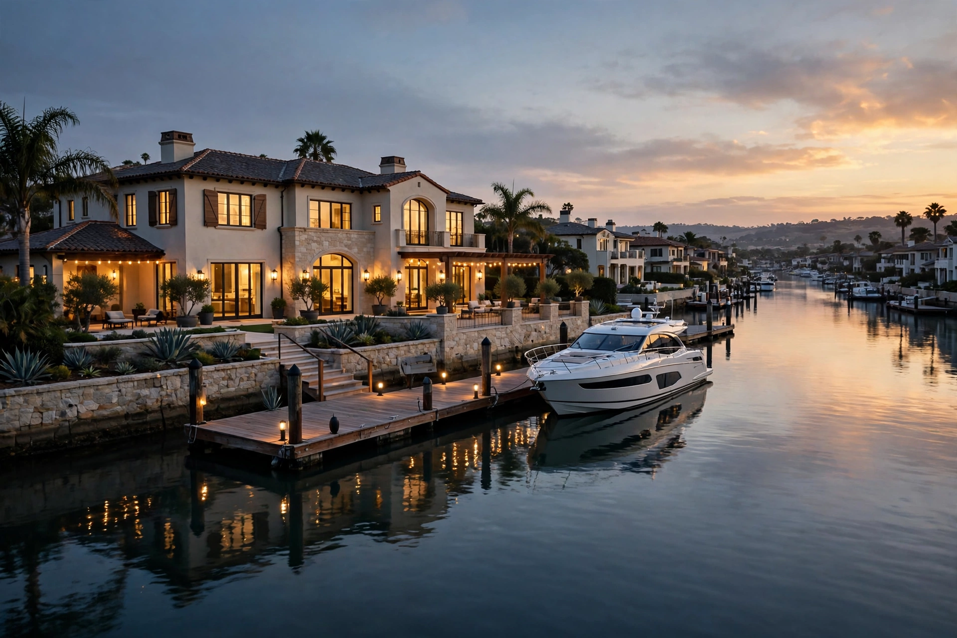 Newport Beach waterfront estate at dusk
