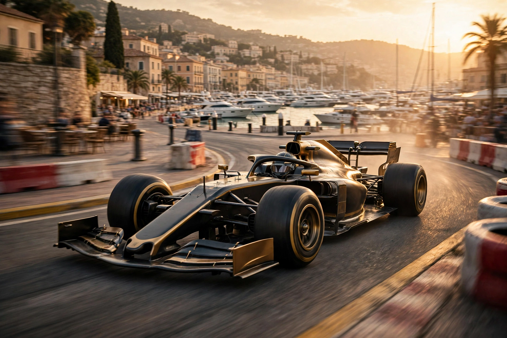 A Grand Prix car at golden hour on a harbor circuit