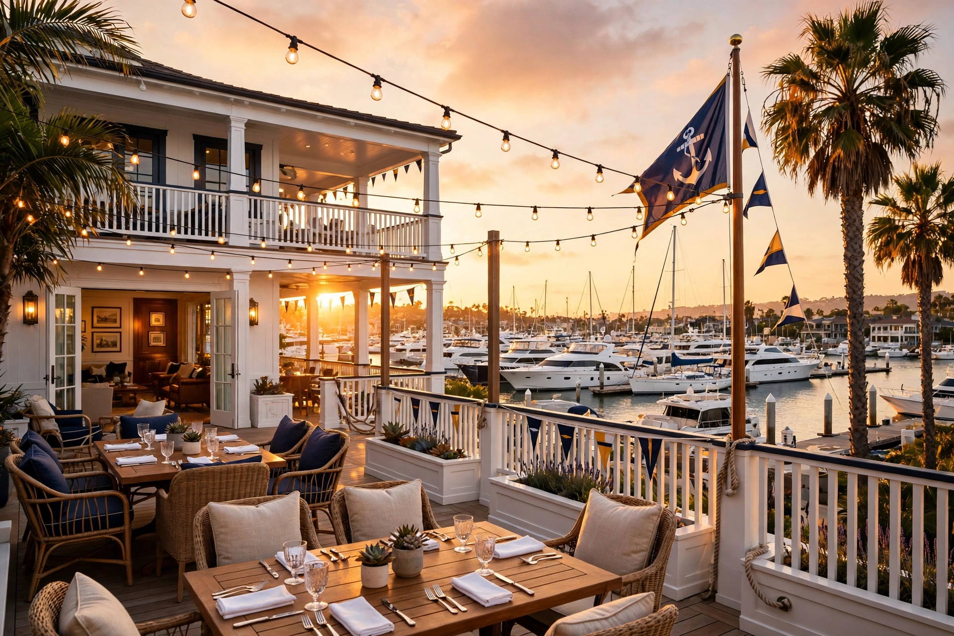 A yacht club terrace at sunset